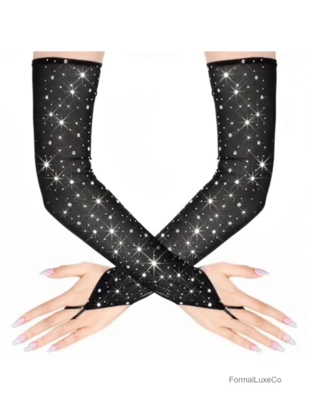 Fingerless Rhinestone Gloves Long Mesh Arm Sleeves for Prom Opera Party